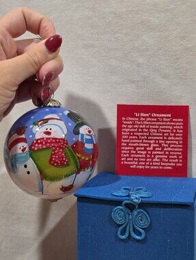 2010 Pier One Li Bien Hand Painted Glass Snowman Christmas Ornament w Box